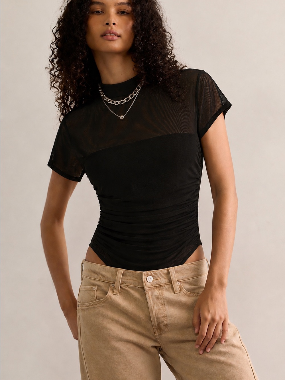 176. ReoRia Black Sheer Yoke Short Sleeve Bodysuit